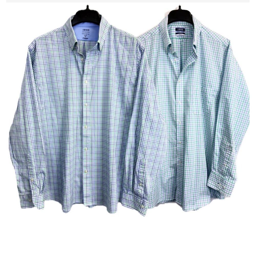 Lot Of 2 IZOD Mens 17/XL Button up Long Sleeve Plaid Shirts All Over Stretch